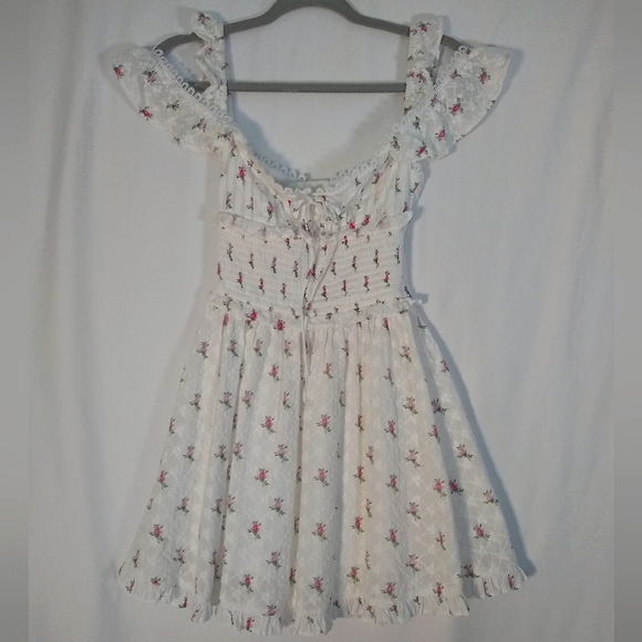 For Love And Lemons White With Delicate Pink Roses Smocked Mini Dress Sz XS - Picture 5 of 11